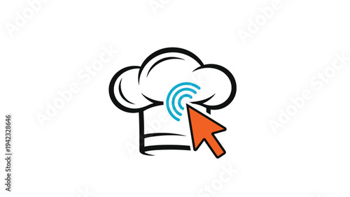 Simple icon of a white chef hat with a orange cursor clicking on blue concentric circles represents online cooking classes.