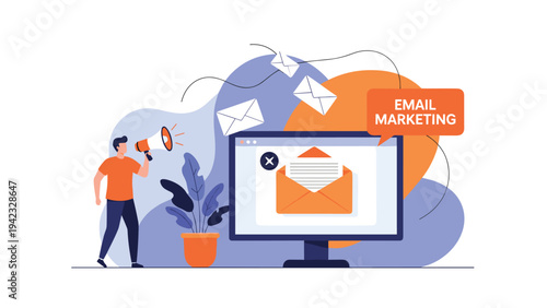 Man uses a megaphone to promote email marketing services while envelopes fly out from a desktop computer monitor screen.