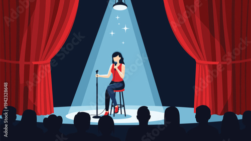 Female stand up comedian performs on a theater stage under a spotlight in front of a silhouette audience behind curtains.