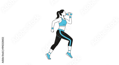 A dynamic female runner in black and blue athletic attire runs leftward, actively hydrating from a clear water bottle during her exercise.