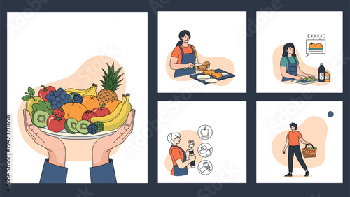 Collage of illustrations shows different aspects of a healthy lifestyle including cooking, shopping, and eating fresh fruit.