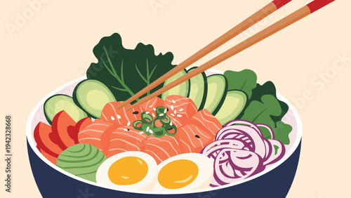 Fresh salmon poke bowl with sliced cucumbers, eggs, onions, and greens is served with traditional wooden chopsticks.