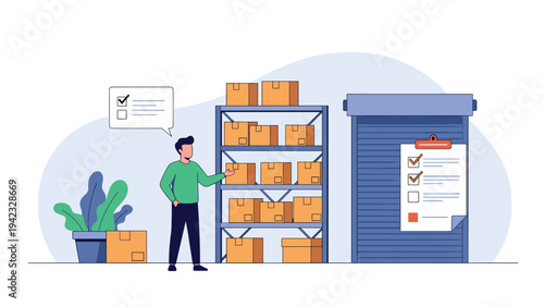 Worker checks inventory on tall warehouse shelves filled with cardboard boxes while using a digital checklist for organization.