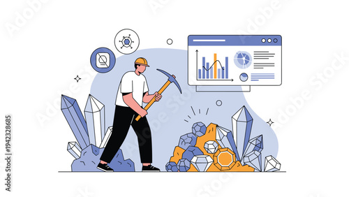 Miner with a pickaxe extracts precious gemstones and crystals representing the concept of data mining and valuable insights.