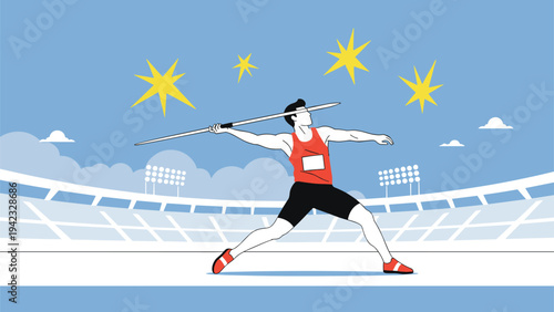 Male athlete prepares to throw a javelin in a large sports stadium with bright yellow stars shining in the blue sky above.