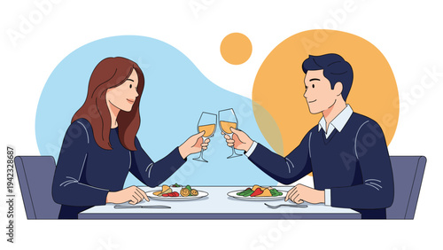 Happy couple shares a romantic dinner with wine and healthy meals while seated at a table against a colorful background.