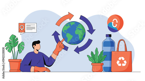 Environmental protection concept vector illustration shows a man promoting global recycling and sustainability with eco friendly plants and bags.