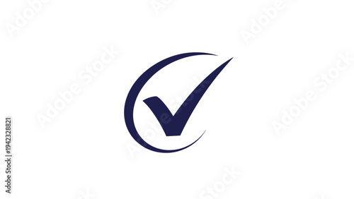 Simple blue checkmark icon enclosed in a circular swoosh represents a symbol of completion, approval, and successful verification on white.