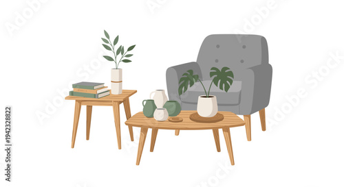 A cozy interior scene displays a grey armchair, a wooden coffee table, and a side table adorned with plants and books.