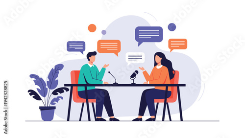 Professional podcast recording session features a man and a woman interviewing each other with microphones and colorful speech bubbles above.