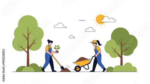 Community gardening and environmental conservation scene shows two people planting a young tree together in a sunny park with garden tools.