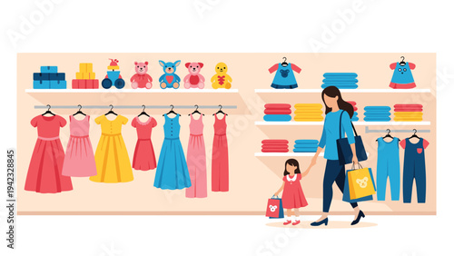 Mother and daughter shopping at a fashion boutique browse through racks of colorful dresses and shelves of toys in a brightly lit store.