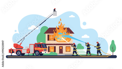 Brave firefighters working together to extinguish a dangerous house fire using high pressure water hoses and a fire truck with an aerial ladder.