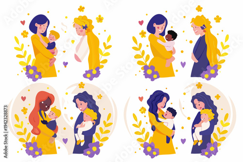 Diverse mothers lovingly embracing and holding their babies in floral designs