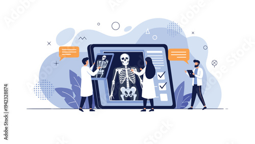 Team of medical professionals examining a digital human skeleton x-ray scan on a large tablet screen for diagnosis in a modern clinic.