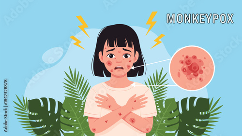 Monkeypox virus awareness poster shows a concerned young girl with skin rashes and a magnified view of a viral lesion for medical education.