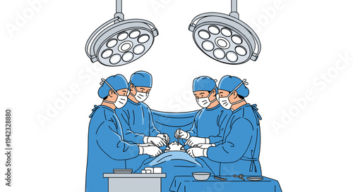 Four skilled surgeons in blue scrubs and masks are diligently performing an operation on a patient under two bright operating lights.