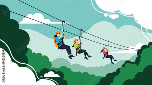 Group of active friends enjoying a zip line adventure through a lush green forest canopy under a clear sky for outdoor recreation and fun.