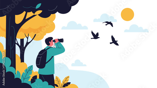 Enthusiastic birdwatcher using binoculars to observe a flock of birds flying across a sunny sky while standing in a colorful autumn forest.