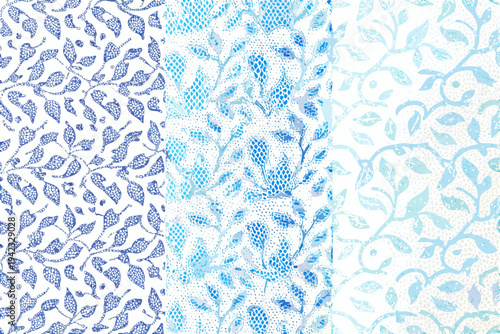 Intricate blue and white patterned textile with floral and reptile motifs