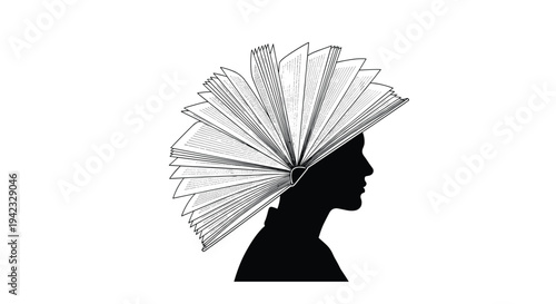A striking black silhouette of a human head in profile is adorned with an open book fanned out like a crown on a clean white background.