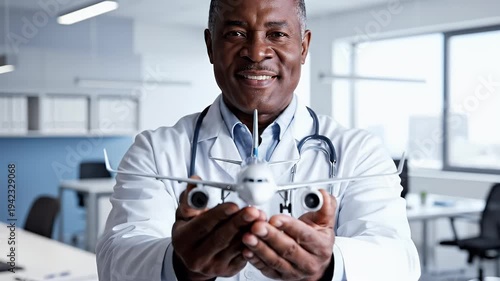 Smiling doctor in white coat holds airplane model, stethoscope around neck