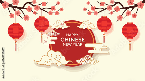 Happy chinese new year greeting banner features traditional red lanterns and pink plum blossom branches with decorative clouds and patterns.
