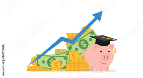 A pink piggy bank wearing a graduation cap is surrounded by stacks of money and an upward trending blue arrow.