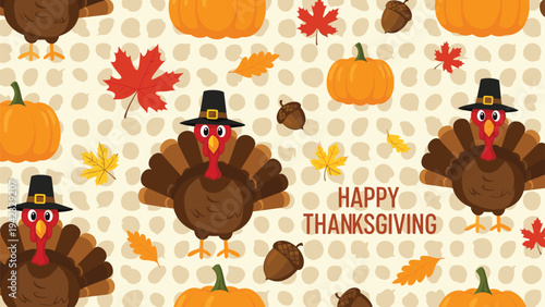 Happy thanksgiving seamless pattern features cute turkeys wearing pilgrim hats with orange pumpkins and colorful autumn maple leaves.