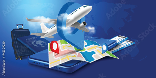 airplane, cloud, blue passport, luggage or baggage appeared and displayed in front of large pin location for travel design, vector 3d on blue background for summer travel advertising design