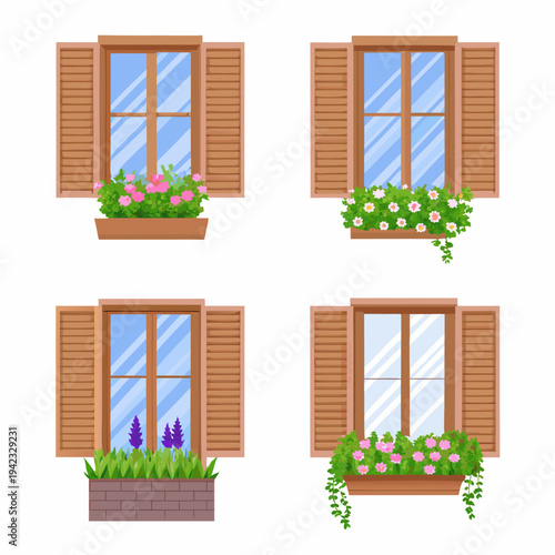 Four windows with wooden shutters and flower boxes illustrate a charming view