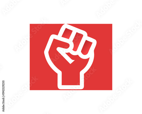 A stylized illustration of a raised fist against a red background