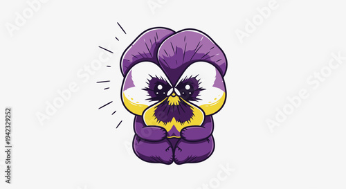 Stylized Purple Pansy Flower with Intense Gaze and Yellow Center.