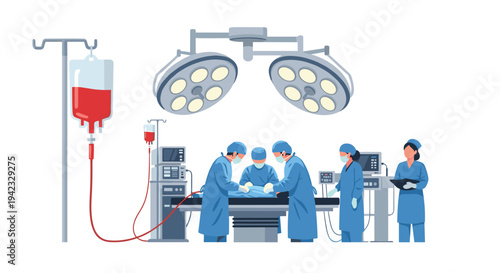 Five medical professionals in blue scrubs are performing surgery on a patient under bright surgical lights in an operating room.