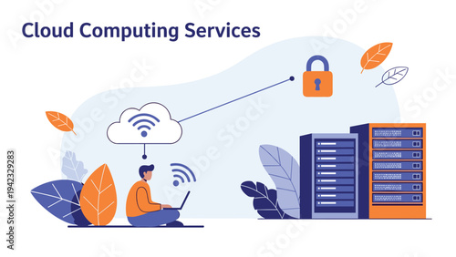 Cloud computing technology services concept shows a man using a laptop connected to a wireless cloud network and remote data servers.