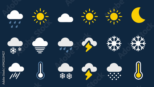 A collection of colorful weather icons representing various atmospheric conditions