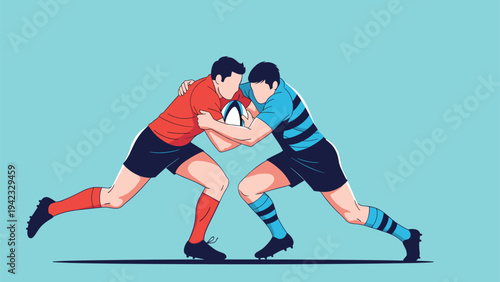 Two professional rugby players in a dynamic tackle during a match on a blue background representing strength and competitive team sports.
