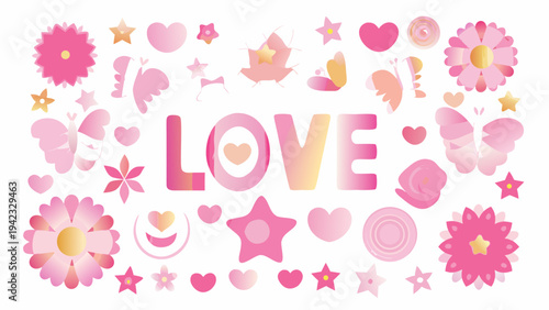 A colorful arrangement of flowers hearts stars and the word love