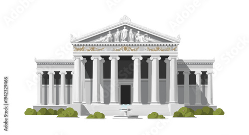 A majestic classical temple-style building with a grand facade, numerous fluted columns, and a sculptural pediment stands with a fountain and green bushes against a white background.