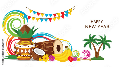 Traditional Indian New Year celebration illustration with decorative kalash pot coconut dhol drum fruits and colorful festive decorations.