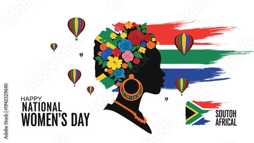 South African National Women's Day celebration poster featuring a woman silhouette with floral hair South African flag and hot air balloons.