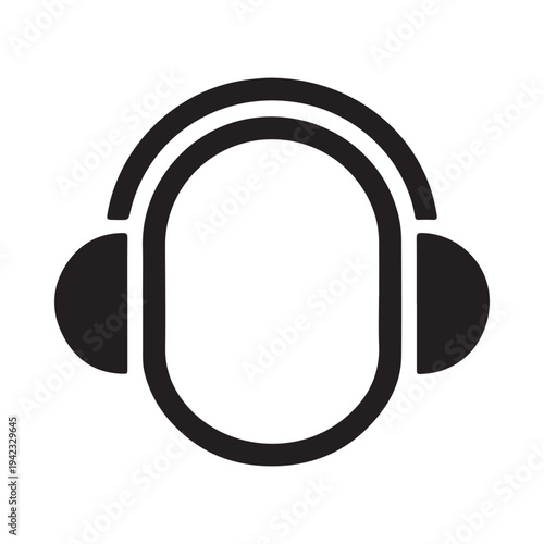 A simple black and white illustration depicts a pair of over ear headphones a common audio device