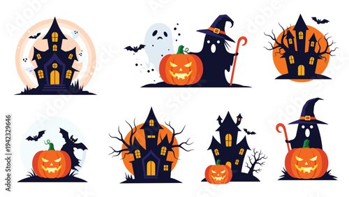 Set of Halloween holiday vector icons including spooky haunted houses glowing jack-o-lantern pumpkins ghosts silhouettes and flying bats.