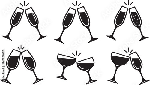 Clinking wine glasses in celebration festive toast illustrations set