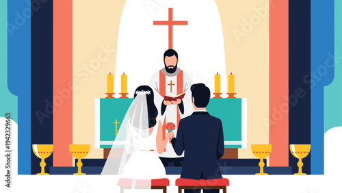 Wedding ceremony illustration showing a bride and groom kneeling before a priest at the altar inside a church during a religious marriage service.