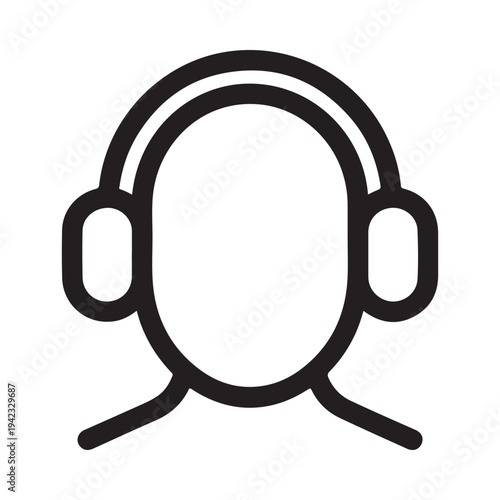 Simple black and white line art illustration of a face with large headphones on