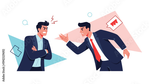 Business conflict illustration showing two angry men in suits shouting and arguing with each other in a workplace setting with expressive icons.