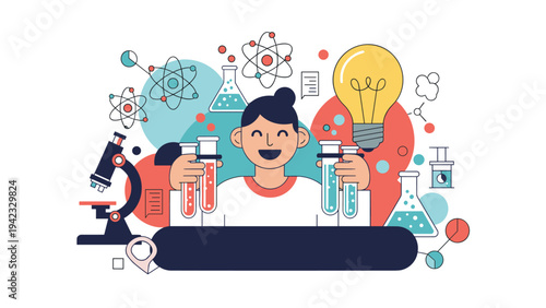 Educational illustration showing a happy young girl holding test tubes while surrounded by scientific equipment like a microscope and formulas.