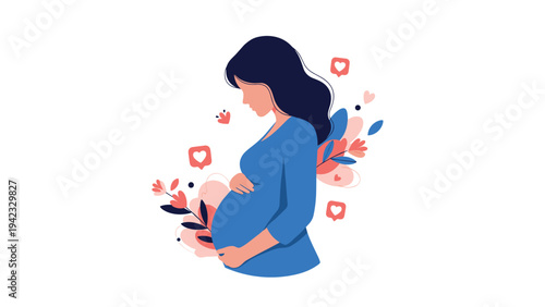 Beautiful illustration of a pregnant woman in a blue dress gently touching her belly surrounded by delicate flowers and heart symbols.