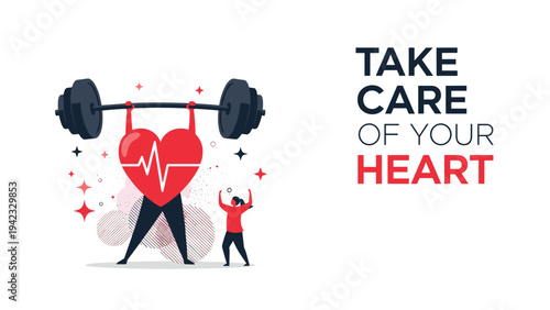 Healthy lifestyle concept illustration showing a strong red heart character lifting a heavy barbell with a woman cheering on the side.